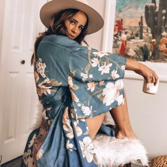 New Gypsy Floral Print Peacock Kimono Maxi Duster Jacket Robe Dusty Blue - Picture 6 of 13